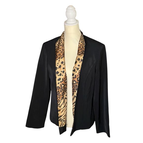 Jessica Howard Black Padded Shoulder Women’s Blazer Jacket Open Front Leopard 14 - Picture 2 of 9